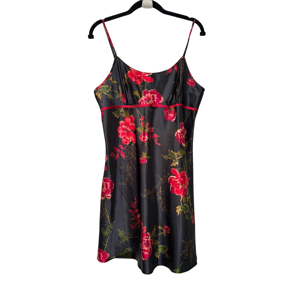 Y2K Jaclyn Smith Studio Intimates Black Red Floral Satin Chemise Nightgown L